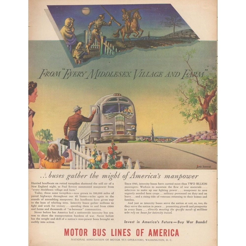 1945 Print Ad Motor Bus Lines of America WWII Transportation Illustration
